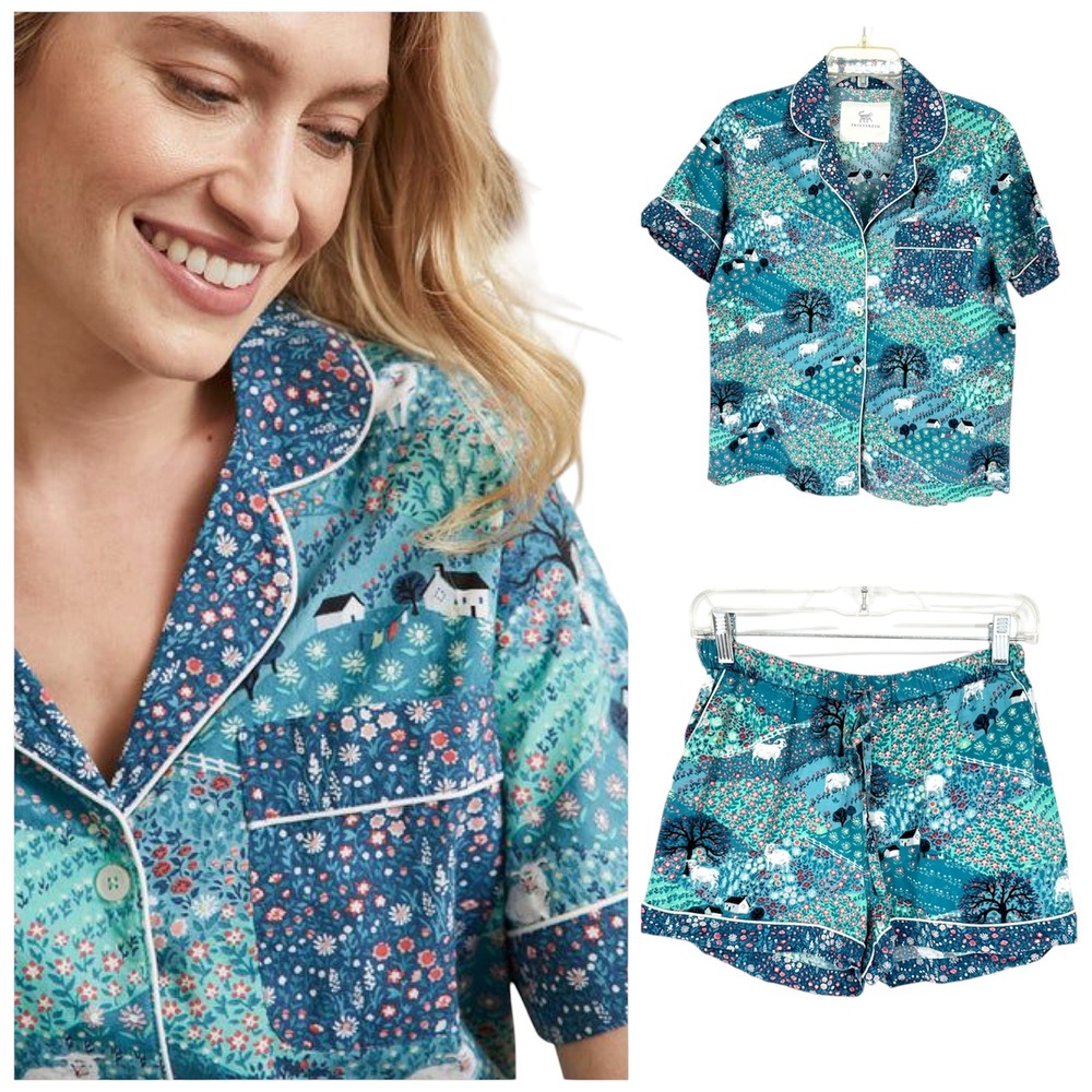 Printfresh Rolling Hills Sheep Print Pajama Set Top/Shorts Size XS Lounge Comfy